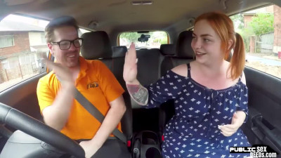 Bigass ginger throats and rides driving tutor in car