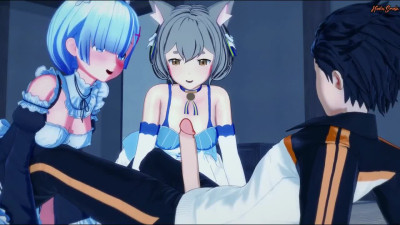 Subaru fucks Rem and Felix in a threesome - Re: Zero Hentai.