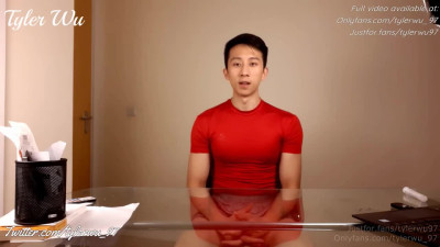 Asian boy Tyler Wu jerks off and swallows his cum for the wrestling coach