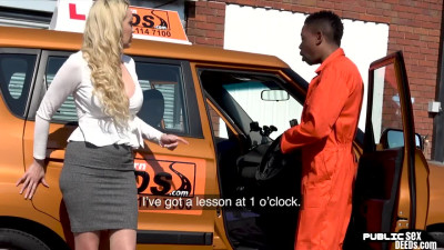 Bigboob UK MILF rides black guy in car before doggystyled