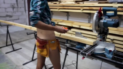 Sexy girl have Sex and Cum in Mouth after work with Miter Saw - Hot Woodworking part 2