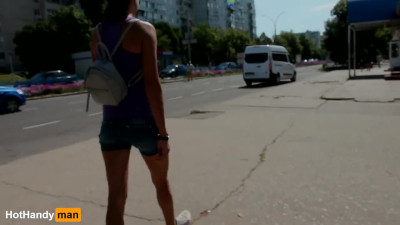 NO BRA wife walkout in tight shirt and eat ice cream