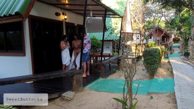 Two naked girls meet a delivery man