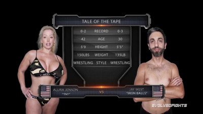 Huge boobs Alura Jenson kicks balls and dominates in nude wrestling match
