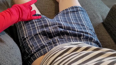 POV Teasing Handjob from Stepsister - Cumshot on Red Satin Gloves