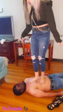 Training new Slave Trampling Foot Gagging Face Sitting W/ Adidas Superstar, Black Wedges & Bare Feet