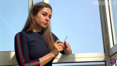 Sexy Girl Smoke Cigarette on Terrace and after this Start Fuck