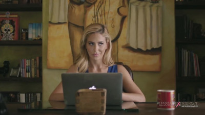 Cherie Deville and Molly Mae on a brown leather sofa in several lesbian scenes