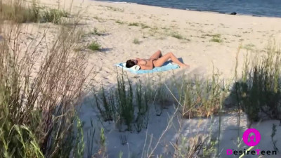 Public Dry Humping Towel, Beautiful Student has Orgasm on a Nude Beach