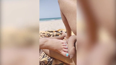 Nude Public Beach. Risky Footjob and Handjob by Strangers. almost Caught