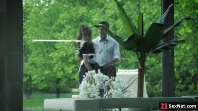 Petite blonde housemaid ass fucked by boss on outdoor couch