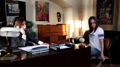 Sinn Sage and other gorgeous brown haired MILF on a white sofa in lesbian scenes