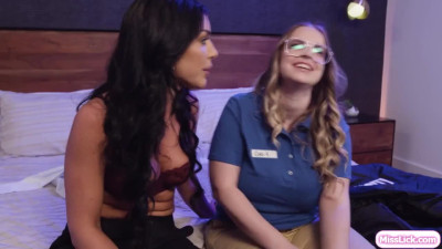 Brunette lesbian pussy licking and fingering pawg girlfriend