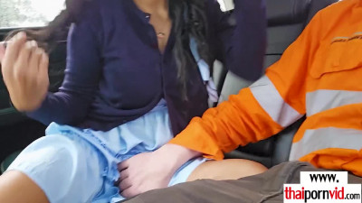 Big boobed amateur Thai MILF Joon Mali sucking a big white cock in the car