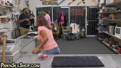 Pierced titted pawshop customer throat boss in office
