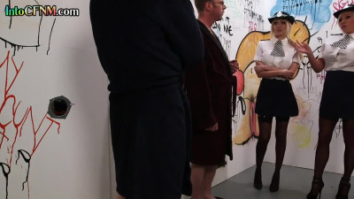 Busty police perv CFNM glory hole wanking with friends