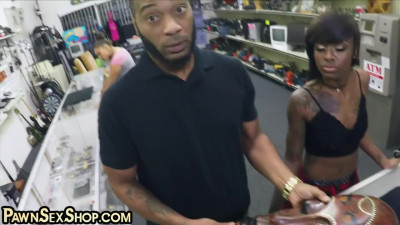 Ebony pawnshop tattooed babe fucked in office by owner