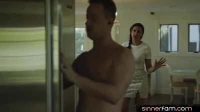 Sinning stepmommy throating stepson while fingering