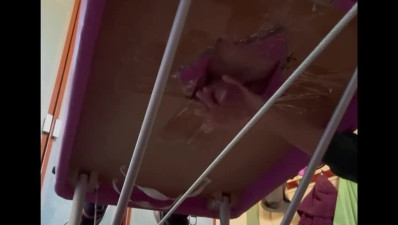 Relaxing massage table hole handjob cum while watching a movie