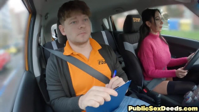 Real driving busty student rides instructors cock in car