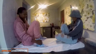 Hot college black babes get horny on the kitchen counter!