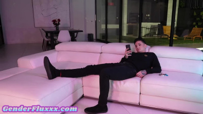 Strapon queer fucks GFs Black pussy on couch at home