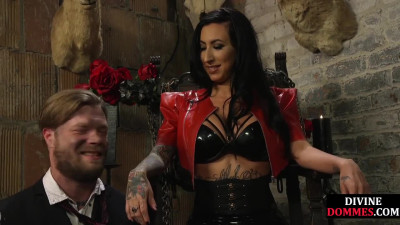 Laced dungeon domina pegging male sub