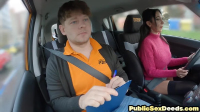 Inked driving babe sucks cock and gets fucked by instructor