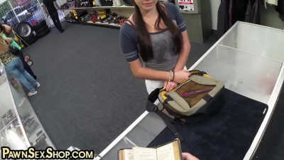 Busty babe covered in cum by pawnshop owner after fucking