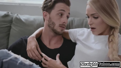 Ahole watches his small tits gf licking busty stepmoms pussy