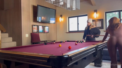Anna Claire Clouds and Lumi Ray inside a motel room pool game then lesbian dildo