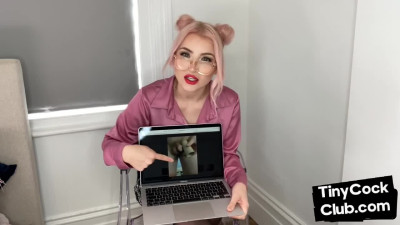 CFNM babe with glasses mocking pictures of tiny cock losers