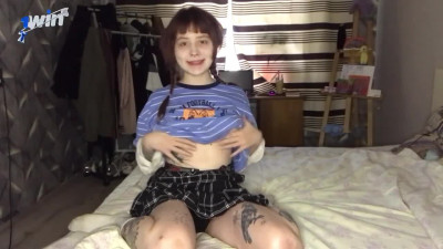 Redhead schoolgirl left alone at home, drills her twat with a big, ginormous