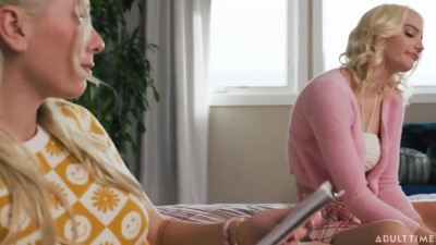 Kay Lovely and Kenna James on a pink bed in lesbian, dildo and Strap-on dildo scenes