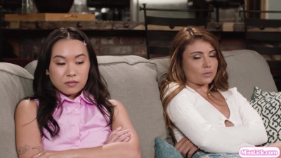 Busty dating consultant having threesome with lesbian couple