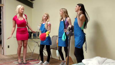 Alina Lopez, Kenzie Reeves and Mackenzie Moss inside a kitchen in lesbian scenes