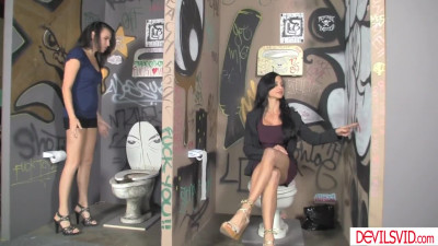 Stepmom and stepdaughter sucking big cock in public toilet