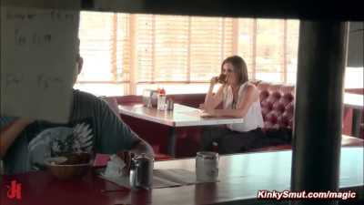 Big tits detective Krissy Lynn bound and fucked outdoor by motel owner James Deen