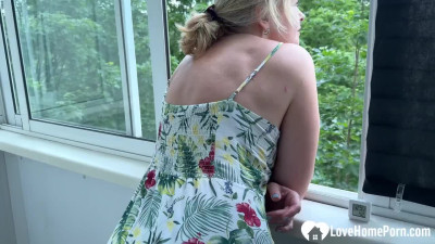 Step Daddy Gets a Sloppy Blowjob on Her Balcony