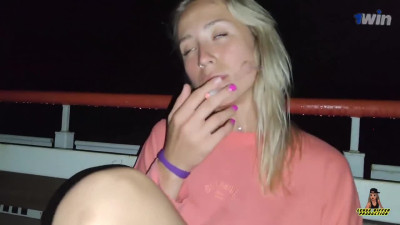 Amateur couple penetrating in public on the night railway station with neighbor
