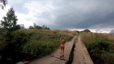 Risky Public Walk - Naked on a Broken Bridge
