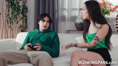 Stepmom giving lazy stepson blowjob to make him do chores