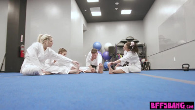 Teen karate hottie Bella Rolland and her BFFs struggling on a big cock