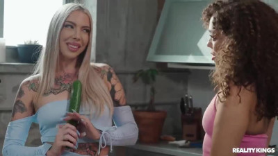 Cassidy Luxe and Willow Ryder inside a kitchen in several different lesbian scenes