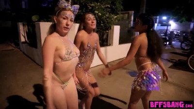 Latina teen Maya Farrell and bisex BFFs lure a stranger into foursome fuck