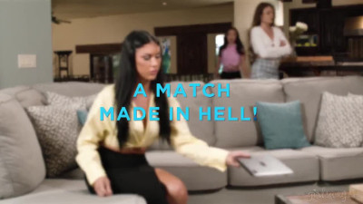 Queenie Sateen, Adria Rae and Kimmy Kimm on grey sofa in several lesbian scenes