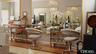 Lauren P and Aidra F inside a hairdressing salon in a lesbian scene together
