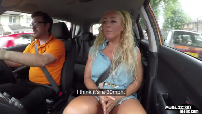 Bosomy MILF rides driving instructor in the car outdoor