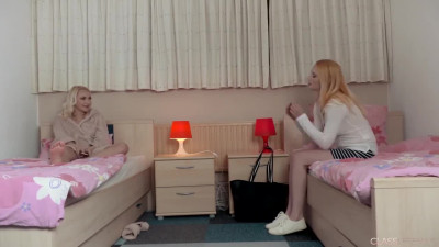 Two beautiful teens have lesbian sex in the bedroom